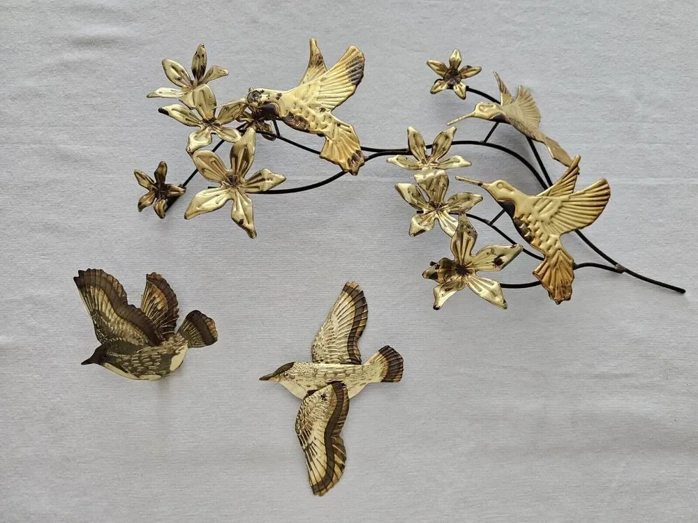 Vintage Homco Metal Wall Decor Hummingbirds Flowers Brass MCM Home Interiors Set